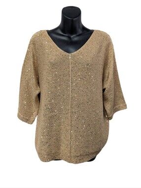 WD.NY Gold Metallic Sequin V-Neck Sweater
